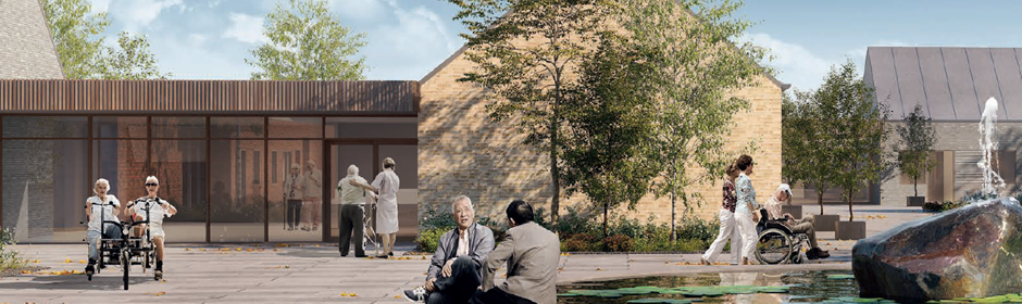 Arkitekttegning af fællestorvet i centrum af demensplejehjemmet