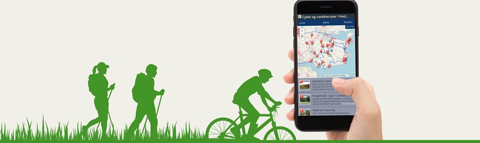 2 mennesker der vandrer, 1 cyklist og en smartphone med appen fremme