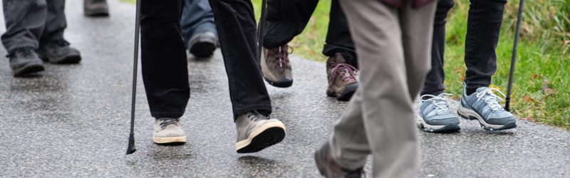 Fødder som vandrer på en vej
