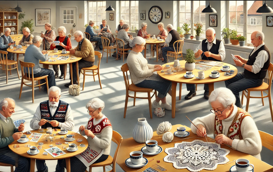 ældre mennesker sidder ved borde og laver kreative ting