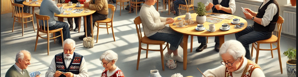 ældre mennesker sidder ved borde og laver kreative ting